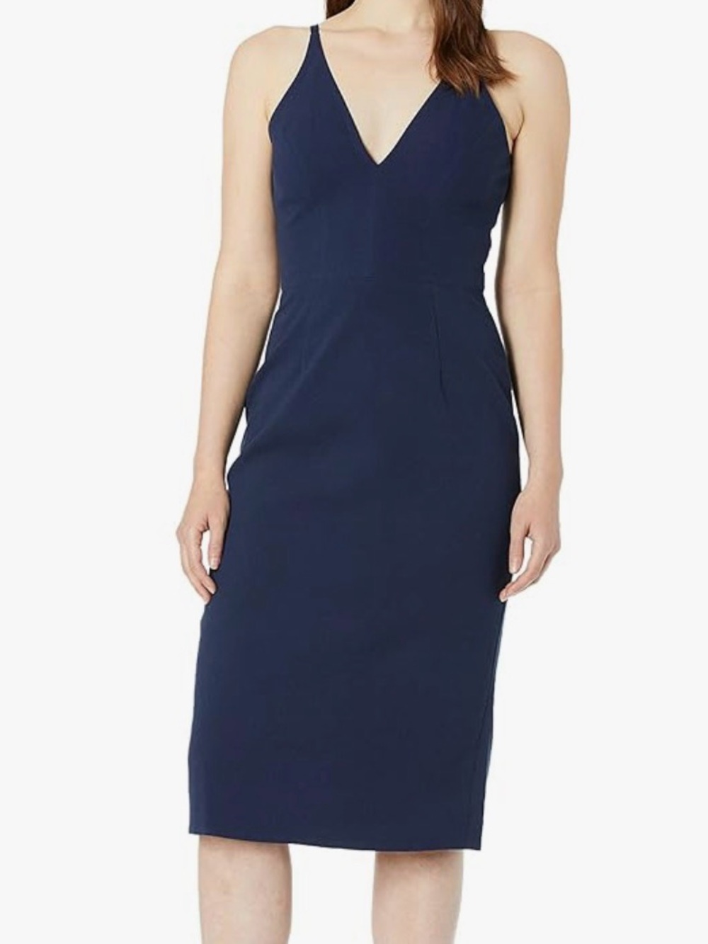 Classic Navy Fitted V-Neck Midi Dress - Dress the Population